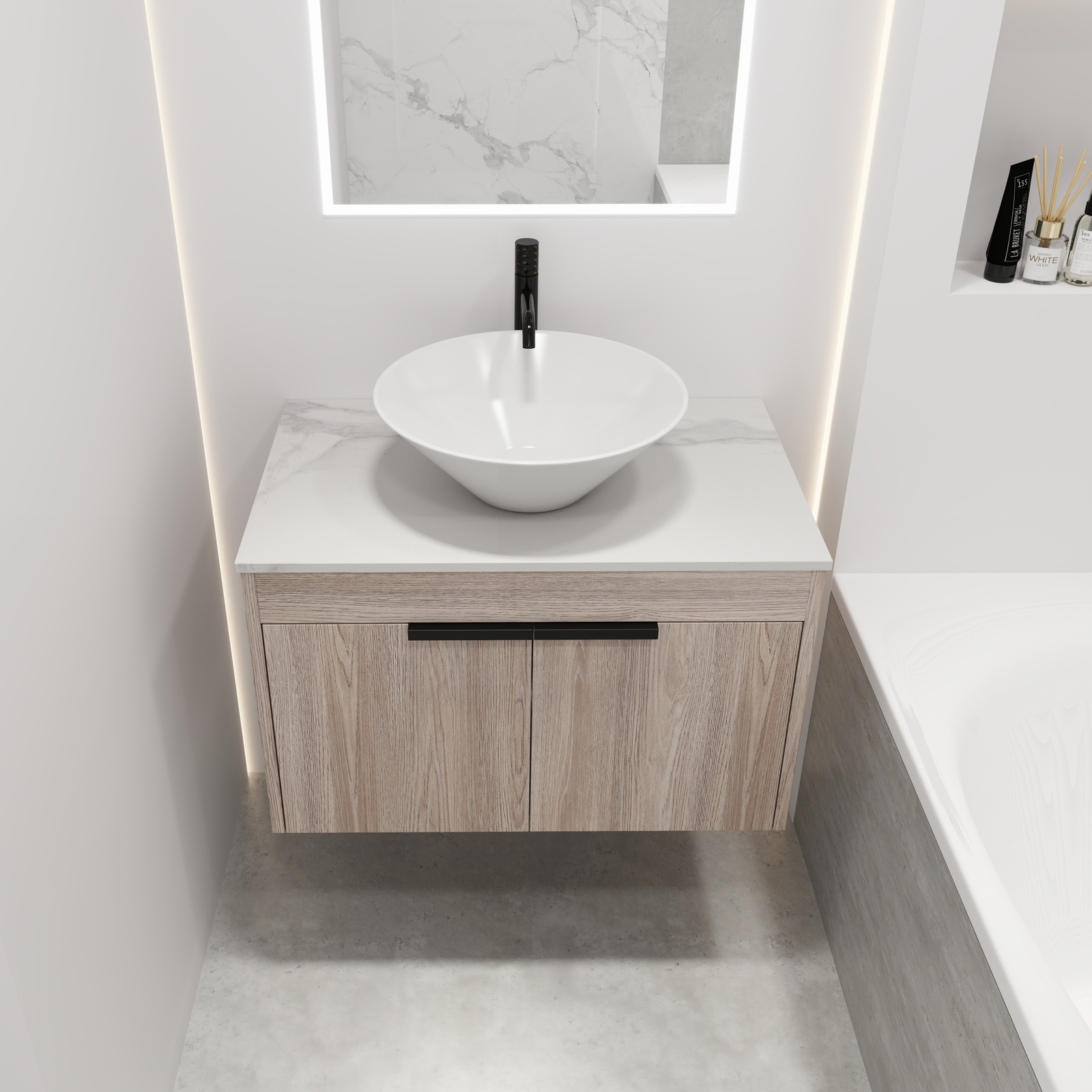 30″Wooden Floating Wall Mounted Bathroom Vanity W/Ceramic Basin Vessel Sink Top