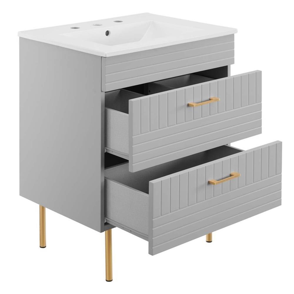 Modway Daybreak 24″ Modern Wood/Ceramic Bathroom Vanity with Gold Legs in Gray