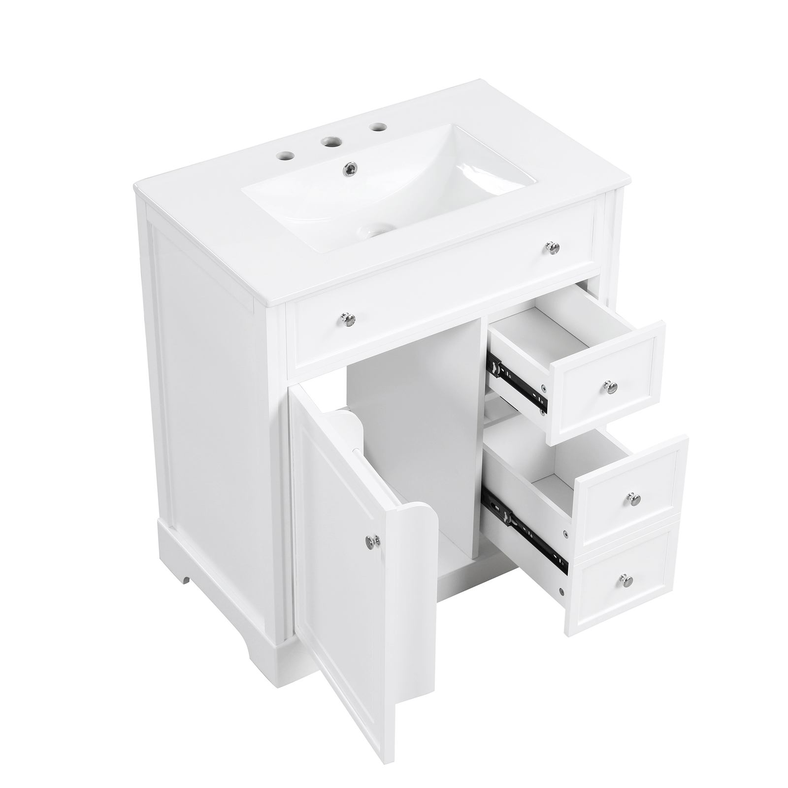 30″ White Bathroom Vanity with Ceramic Sink Set Storage Cabinet w/Door & Drawers