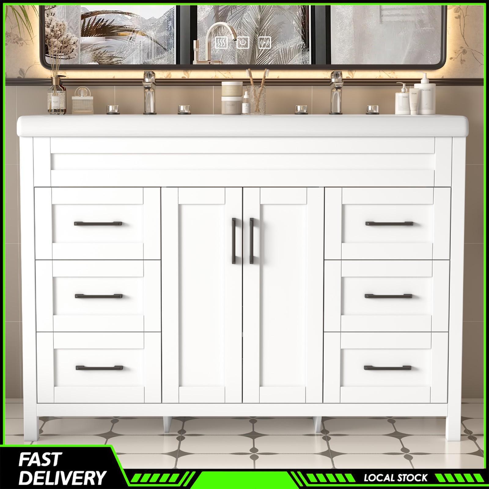 Modern 47 Inch Bathroom Vanity Double Ceramic Sinks Freestanding Drawer Cabinet
