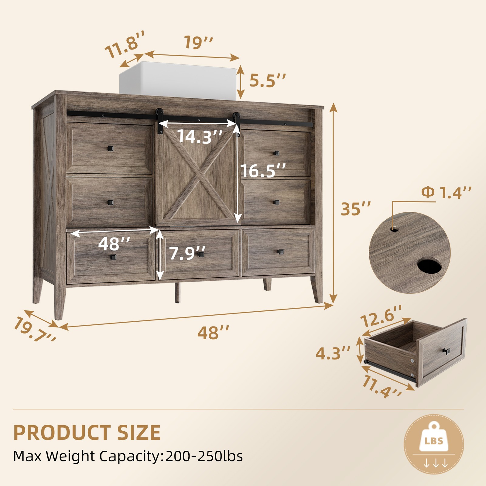 48″ Bathroom Vanity Wood Grain Cabinet with Ceramic Sink NO Faucet Combo Set