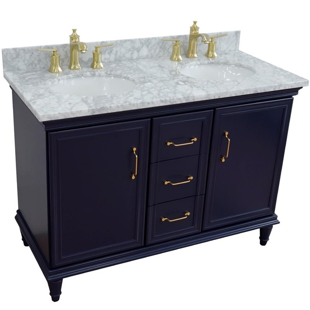 49 in. Double Wooden Vanity Blue with White Carrara Oval Sink