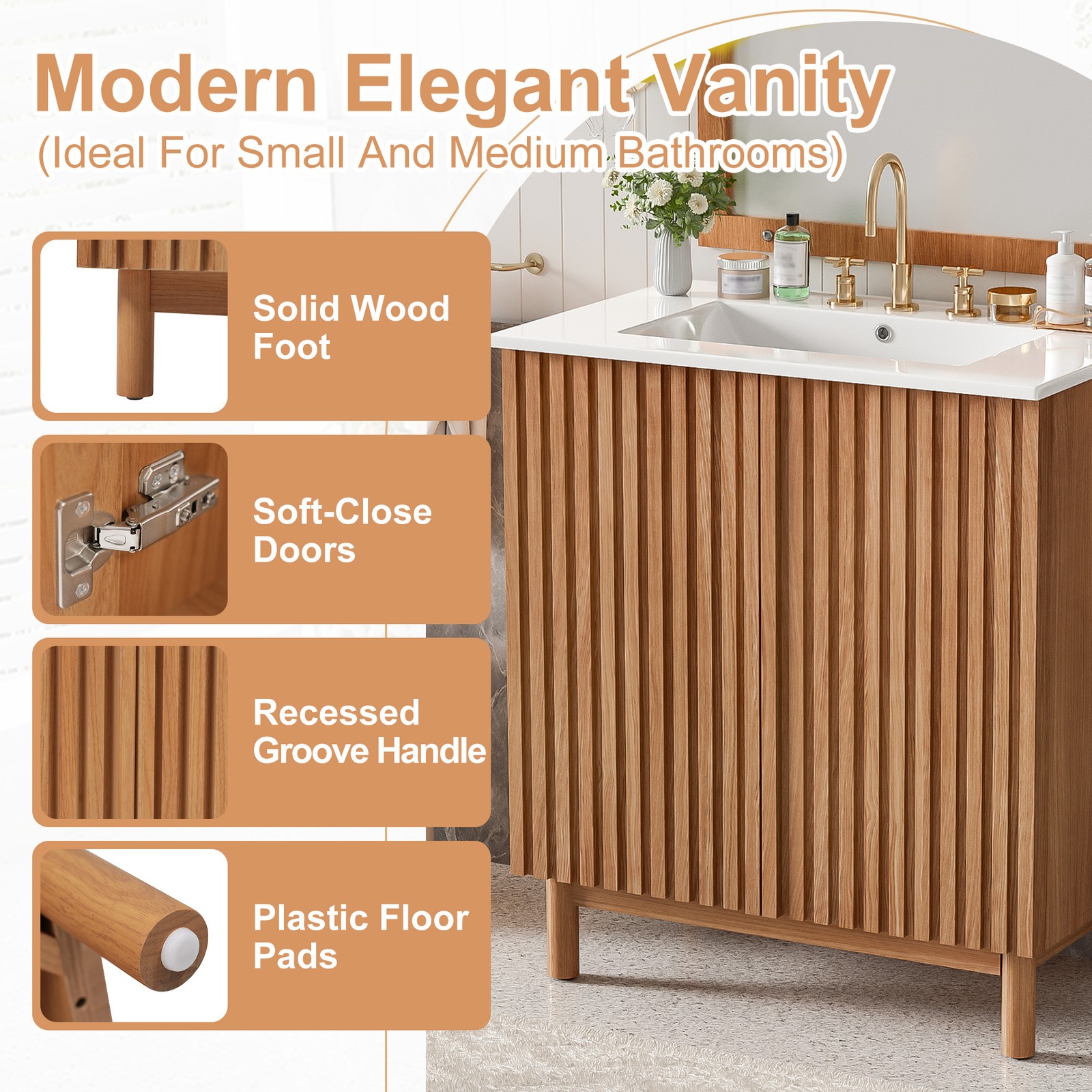 Classic Bathroom Vanity w/Ceramic Sink, Wood Storage Cabinet w/Soft-Close Doors