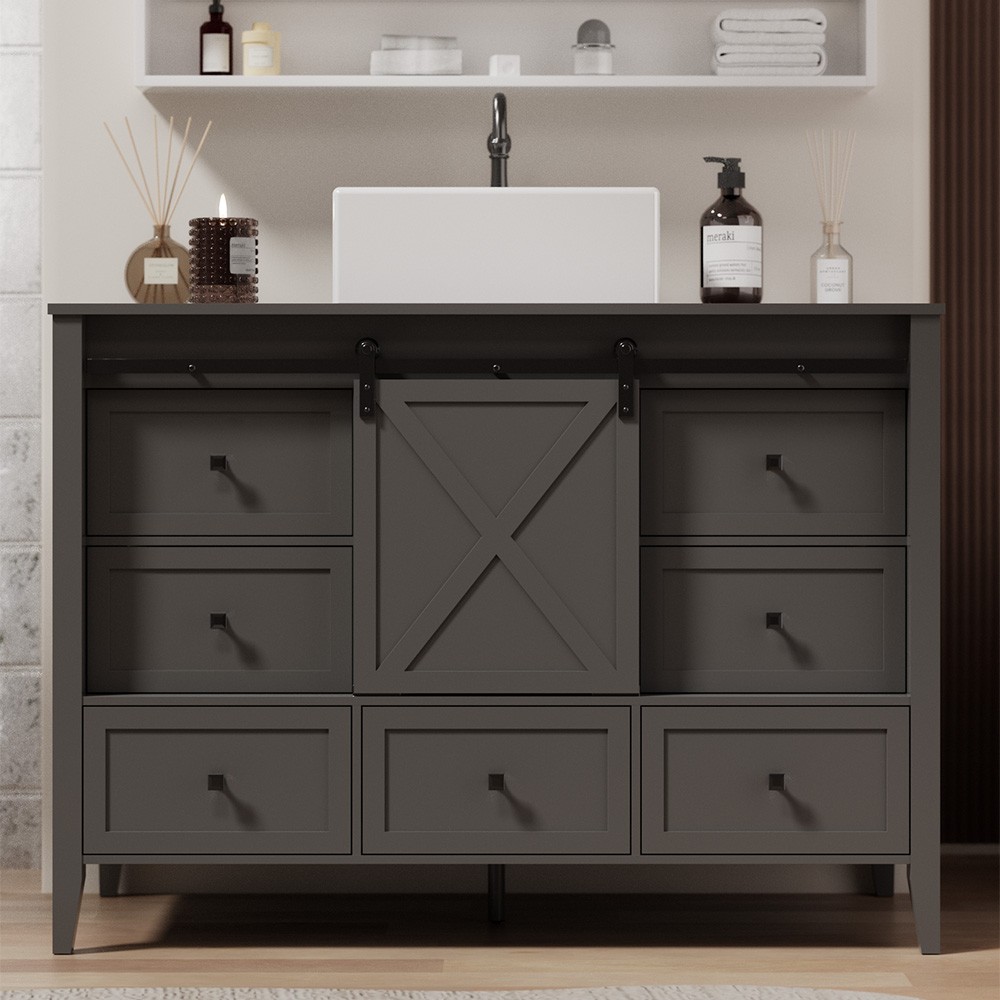 48″ Bathroom Vanity Sink Ceramic Freestanding Space-Saving Storage Cabinet Grey