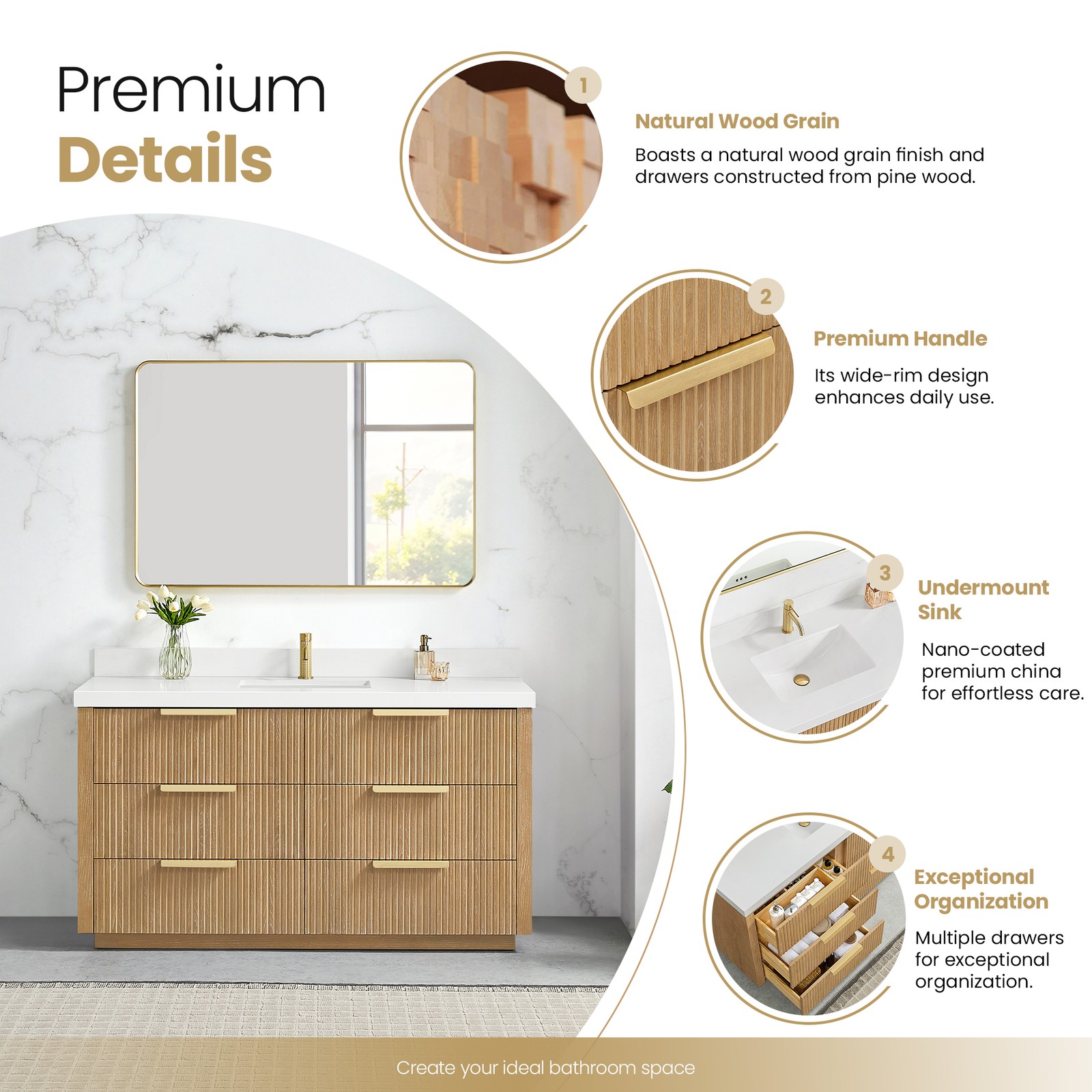 Santarem 60″ Single Bath Vanity in Washed Ash Grey with White Quartz Stone Top