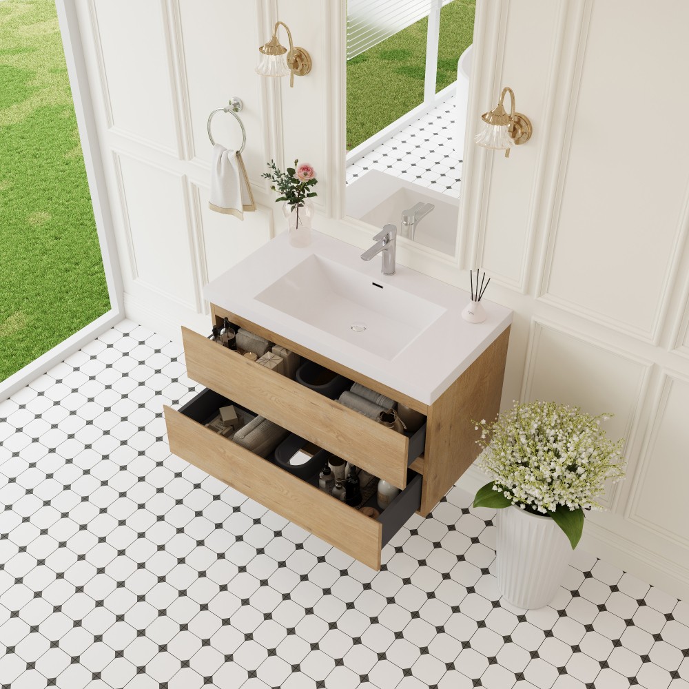 36″ Floating Vanity with Sink, Soft Close Drawers, Natural Oak Wall Cabinet