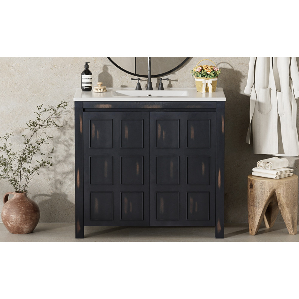 36″ Vintage Bathroom Vanity w/Ceramic Sink,Solid Wood Frame,Soft Close Doors