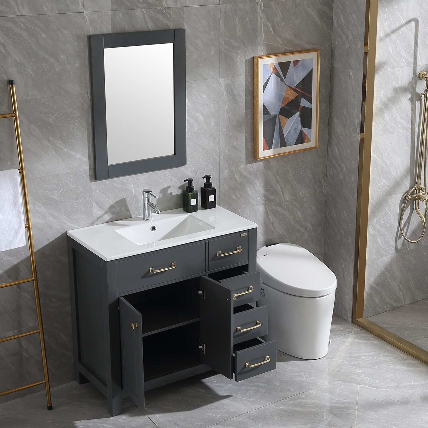 36″ Bathroom Vanity White Ceramic Sink Undermount Cabinet W/Faucet Drain Mirror
