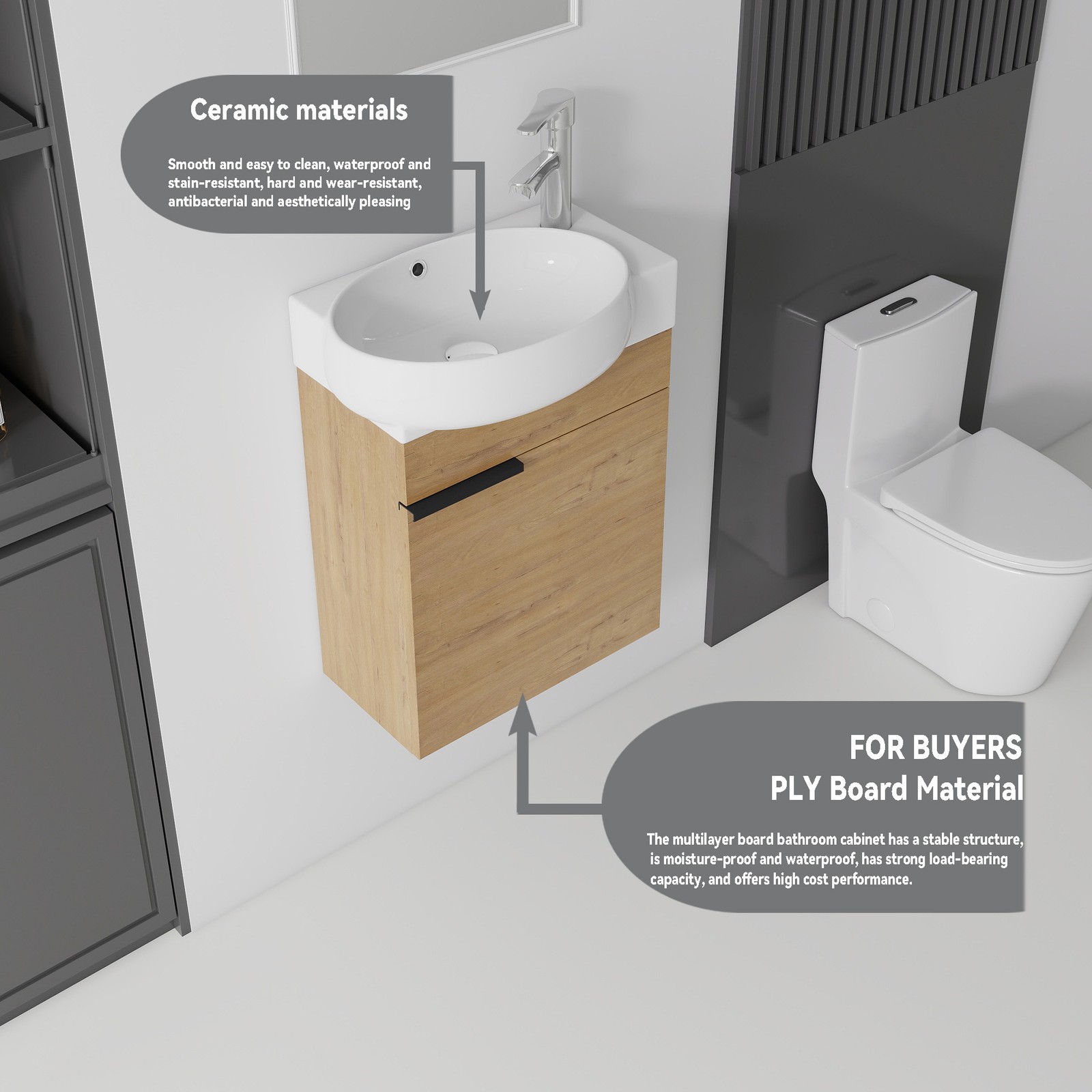 16″ Floating Bathroom Vanity Combo Wall Mounted Plywood Cabinet Oak