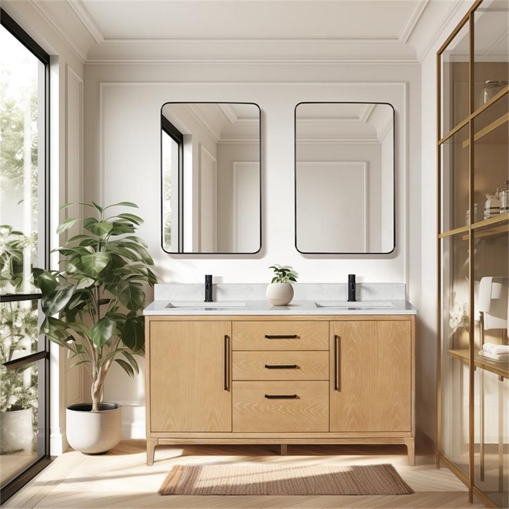 Gara 60M” Double Bath Vanity in Washed Ash Grey w/White Grain Composite & Mirror