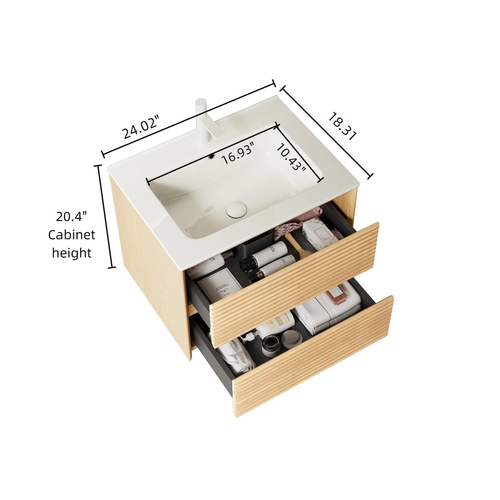 24″ Floating Bathroom Vanity with Sink, Pre-assembled Plywood Cabinet, Soft