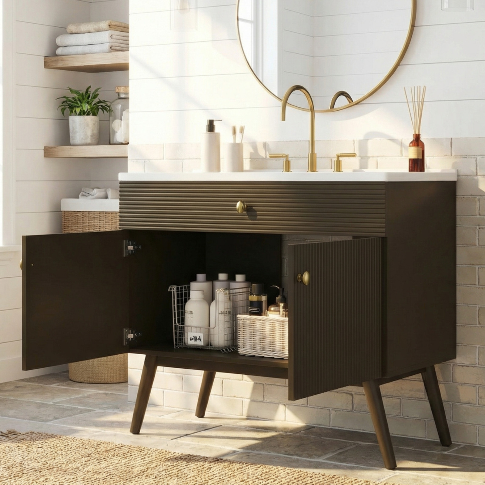 36″ Striped Bathroom Vanity, Soft-Close Dual-Door & Ceramic Sink, Dark Brown