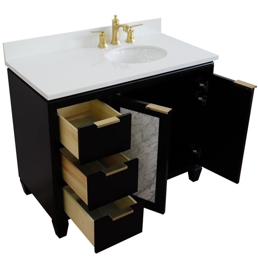 Pemberly Row 43″ Solid Wood Vanity w/ Right Oval Sink in Blue/White Quartz Stone