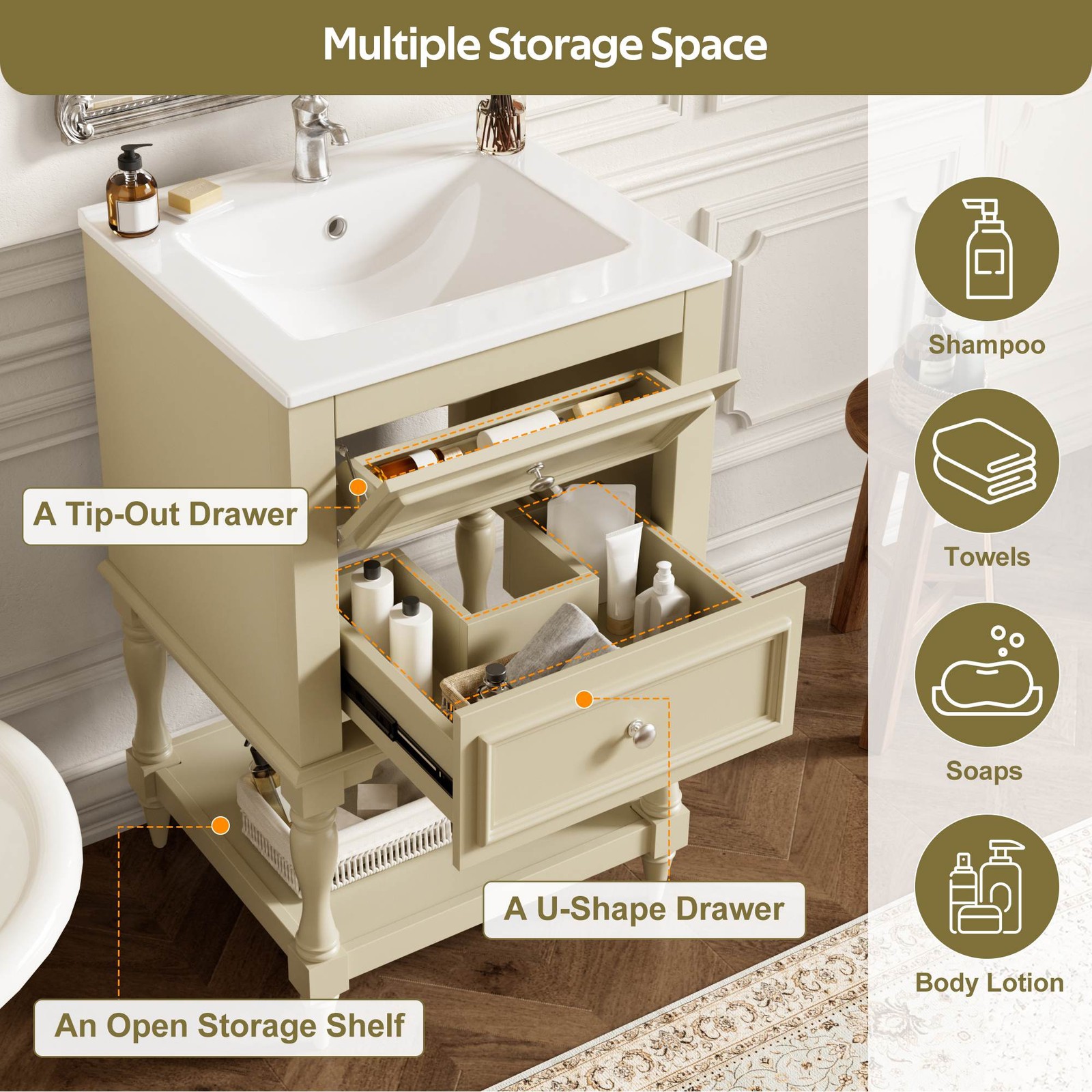 FUNIDEE 20” Bathroom Vanity Set Storage Cabinet with Ceramic Sink Combo Beige