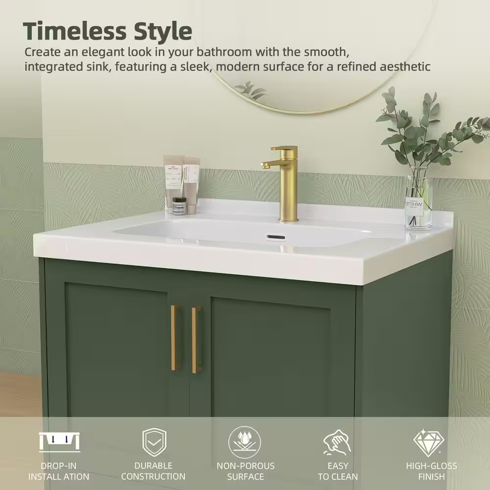 30 In. W X 22 In. D Solid Surface White Rectangular Bath Vanity Top with Single