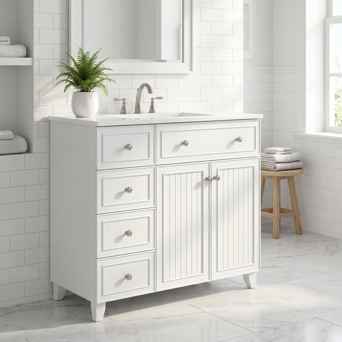 36″ Bathroom Vanity with Sink, Bathroom Sink Cabinet with 5 Drawers & 2 Doors