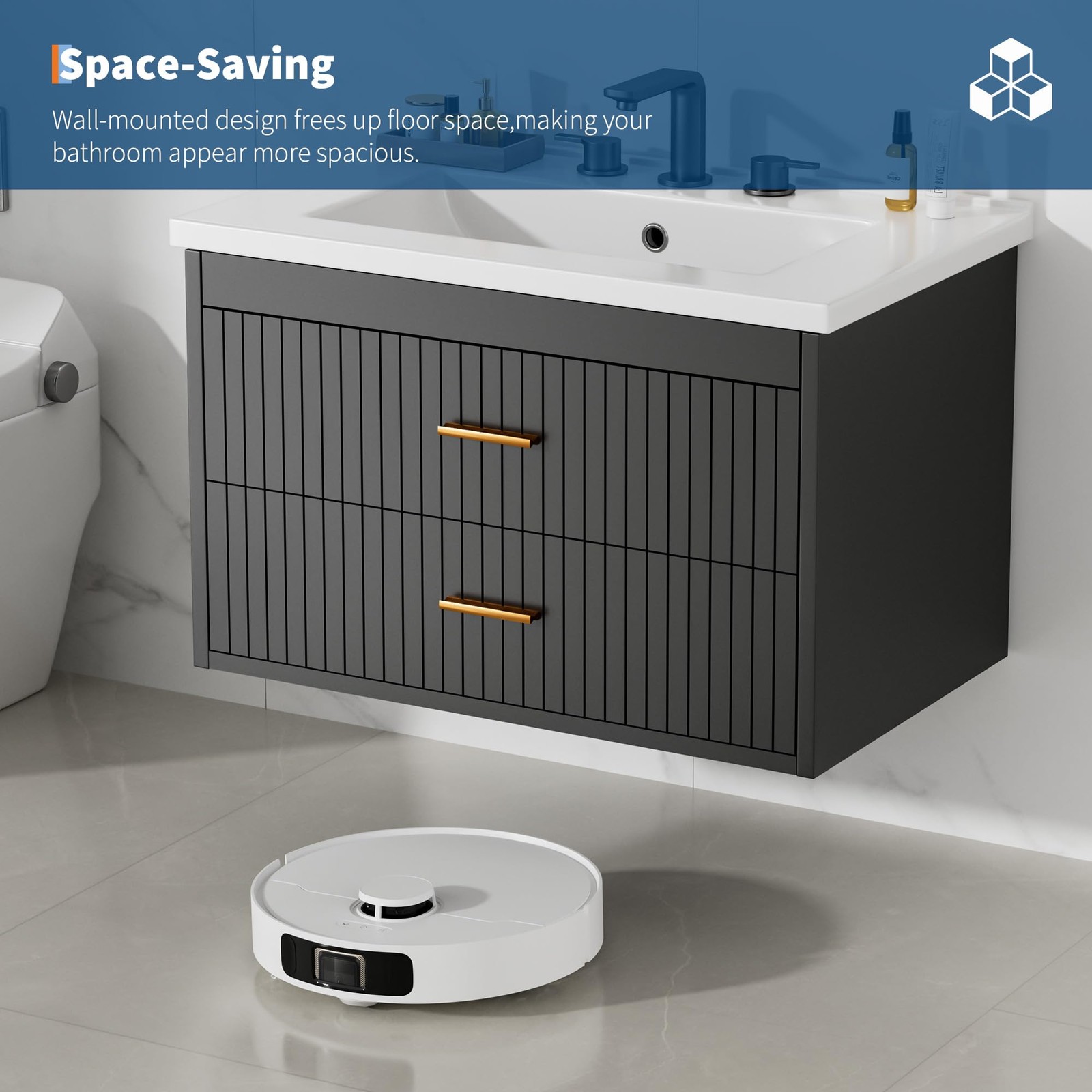 30″ Floating Fluted Bathroom Vanity w/ Ceramic Sink Wall Mounted Vanity Cabinet