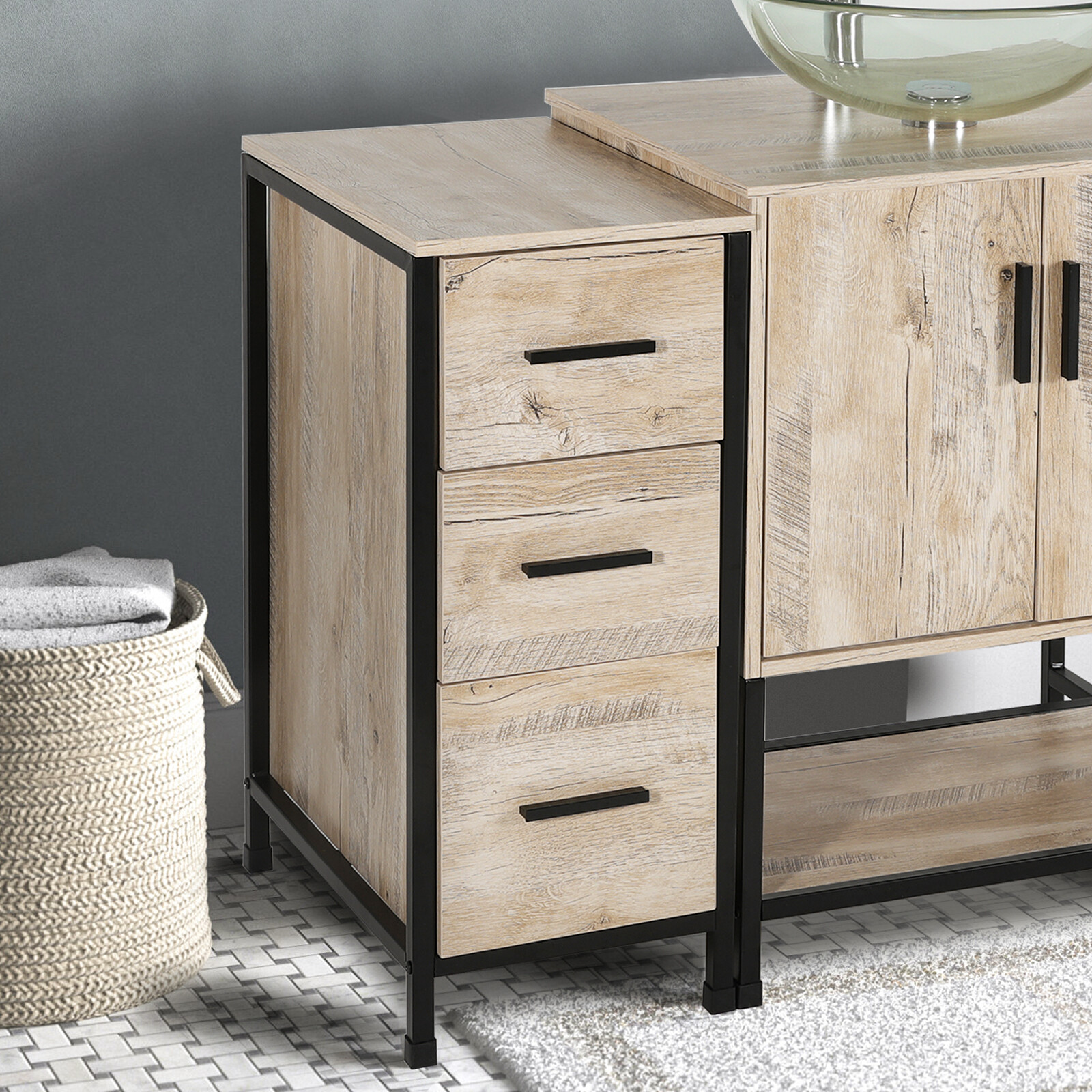 36″ Bathroom Vanity Sink Combo Oak Cabinet Vanity Tempered Glass/Ceramic Sink