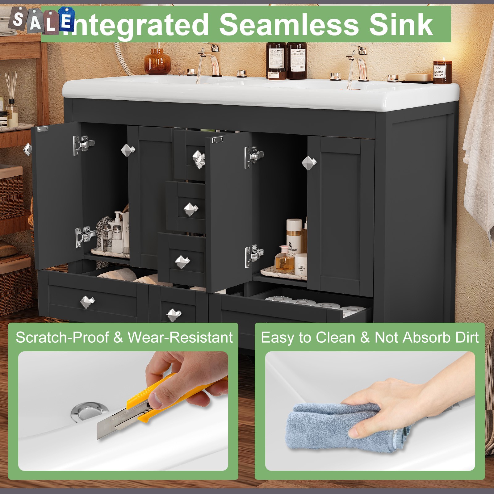 5 Drawers Bathroom Vanity Cabinet with Double Sink Ceramic Freestanding
