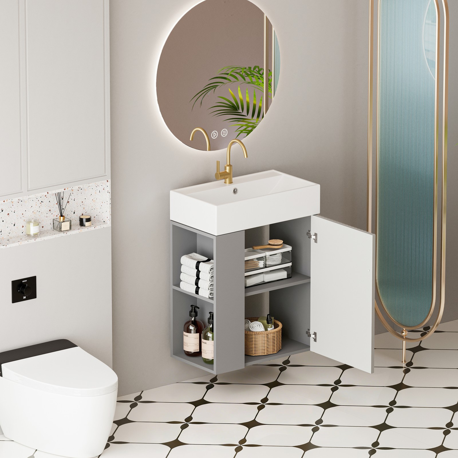 Wall-mounted Open-shelving Vanity with Ceramic Sink Grey