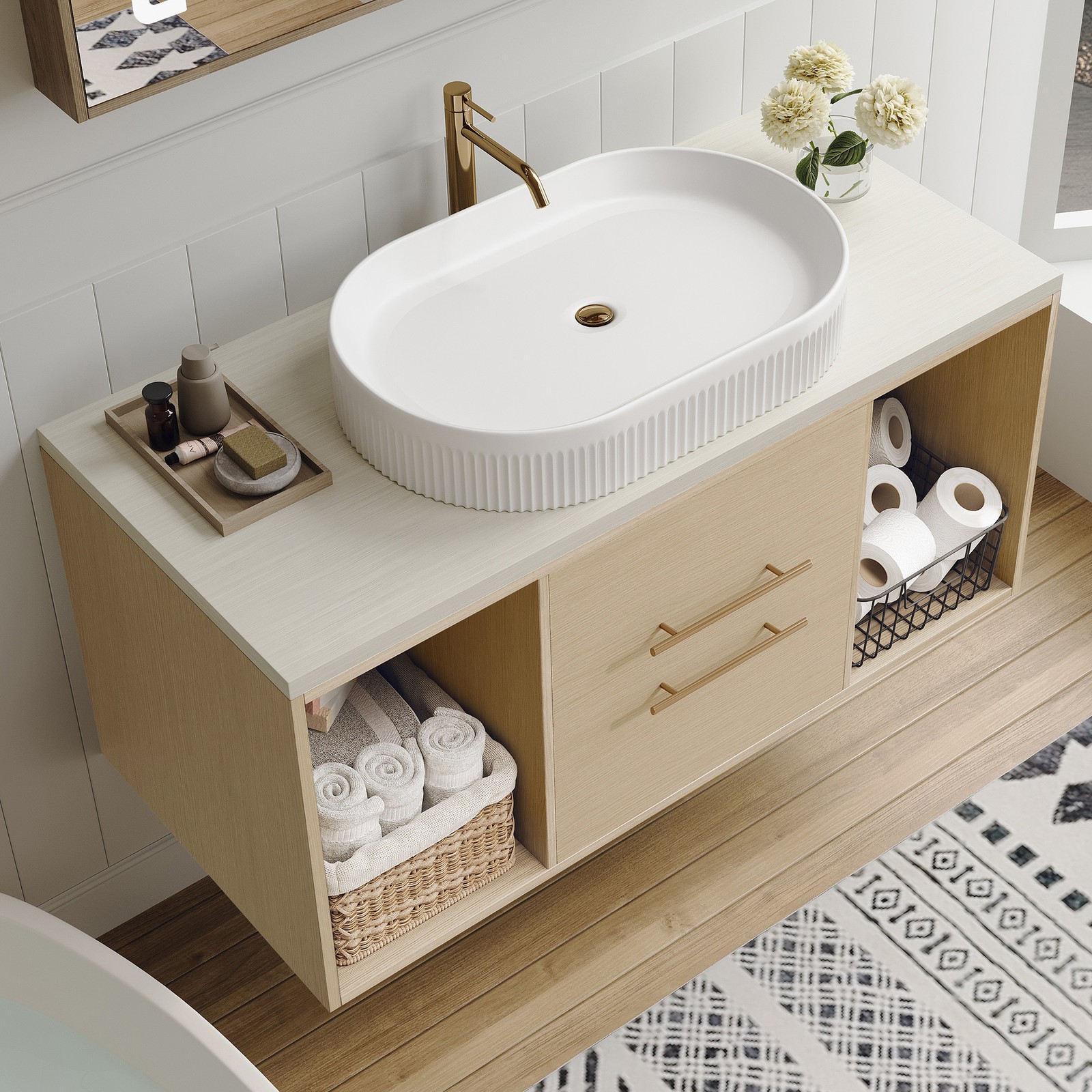 Modern 39.3 Wall-Mounted Bathroom Vanity with Oval Ceramic Sink Floating Vanity