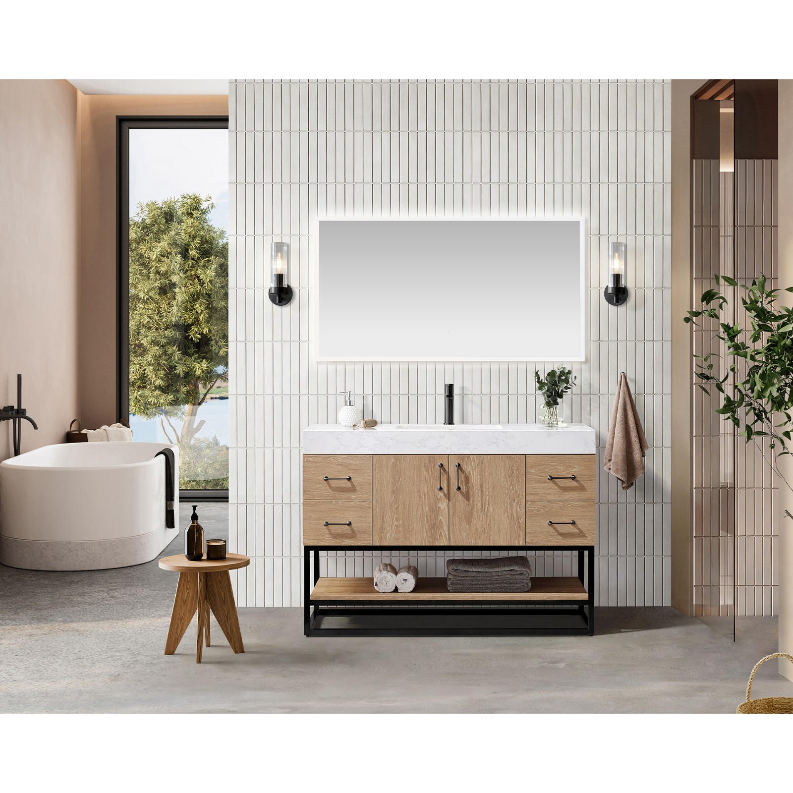 Vinnova Alistair 48″ White Stone Top Oak Single Vanity Black Frame w/o Mirror
