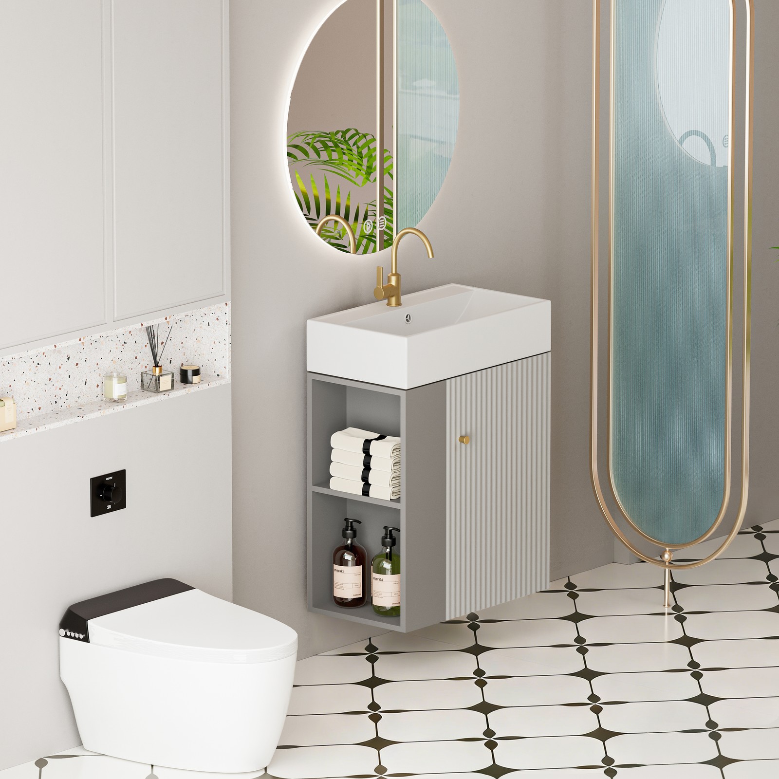Wall-mounted Open-shelving Vanity with Ceramic Sink Grey