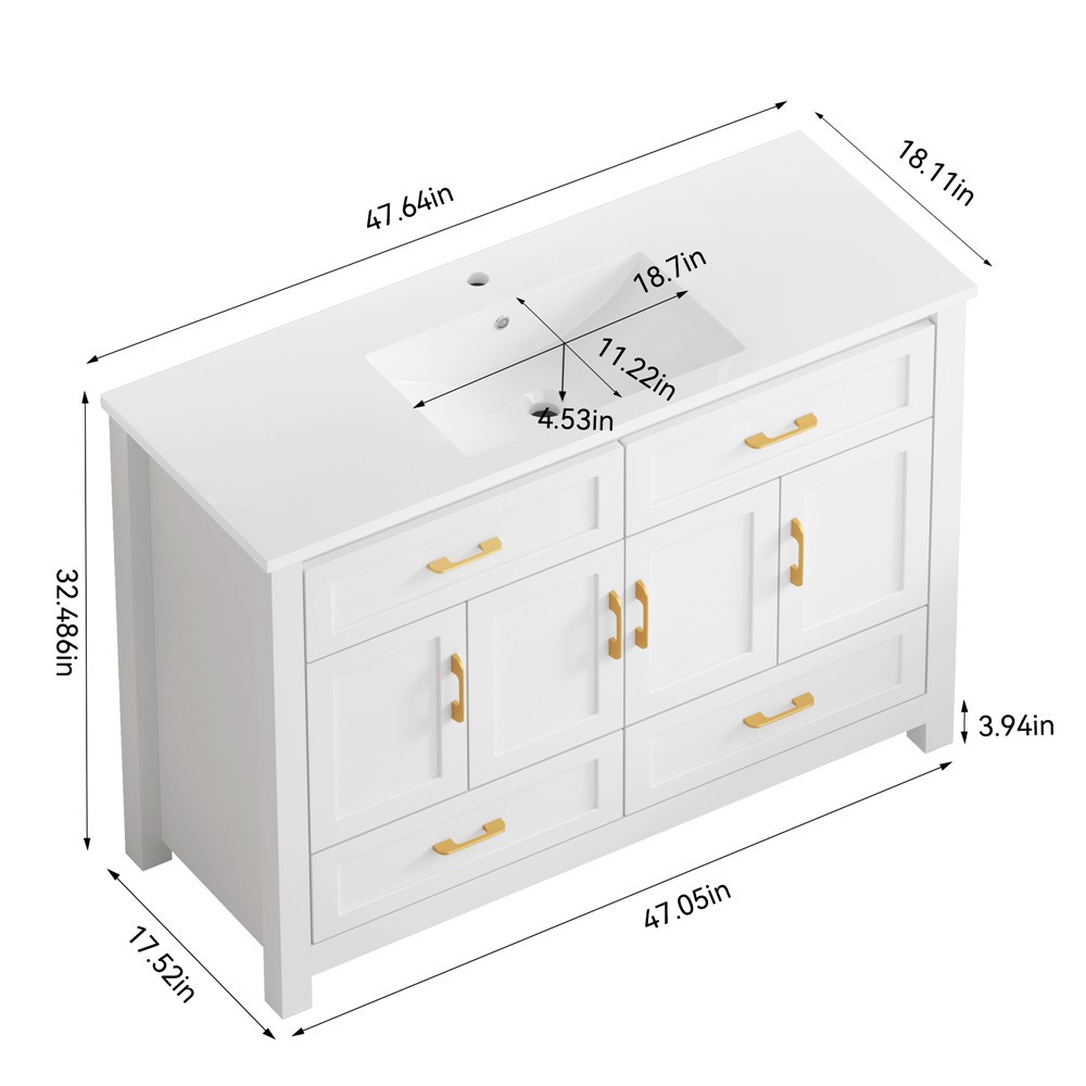 48″ Bathroom Vanity w/Sink,Freestanding Storage Vanity 4 Doors Cabinet,2 Drawers