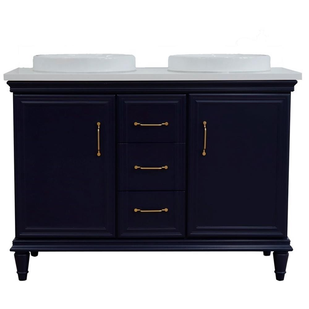 49 in. Double Wooden Vanity Blue with White Quartz Round Sink