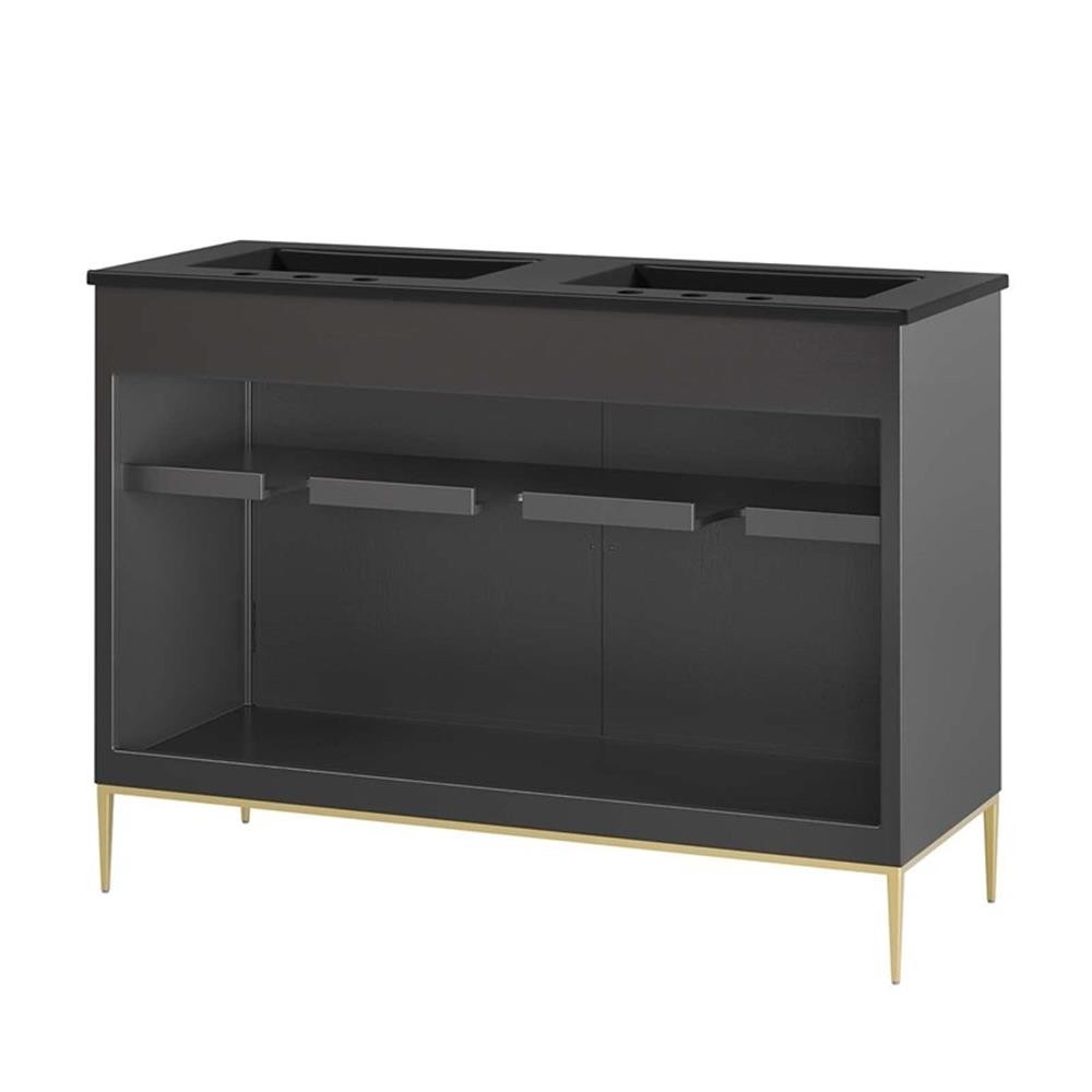 Pemberly Row 48″ Solid Wood and MDF Double Sink Bathroom Vanity in Black