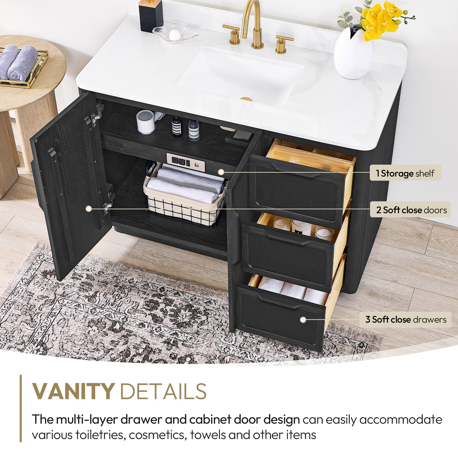 Busan 48″ Single Bath Vanity in Oak Classic Black with White Quartz Stone Top