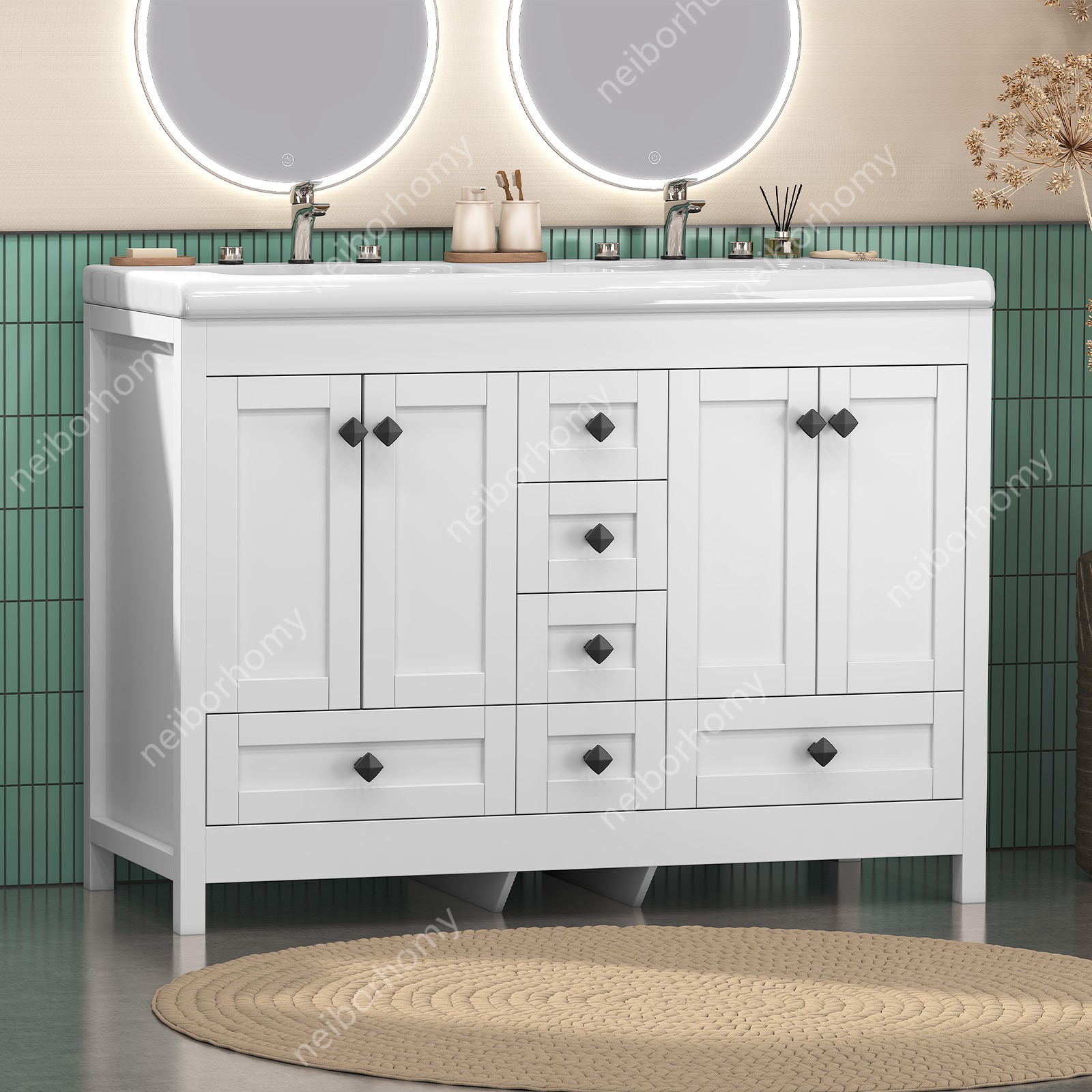 47″ White Classic Bathroom Vanity Double Ceramic Sinks Freestanding w/ 5 Drawers