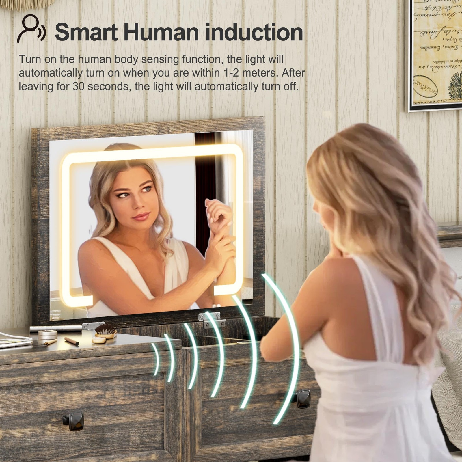 3-in-1 Vanity Desk Mirror Lights Charging Station Drawers Lock Stool