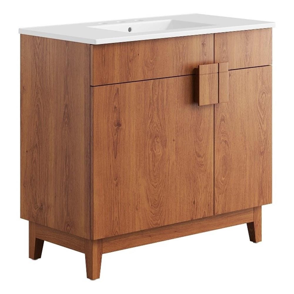 Pemberly Row 36″ Wood Bathroom Vanity with Tapered Legs in White/Walnut