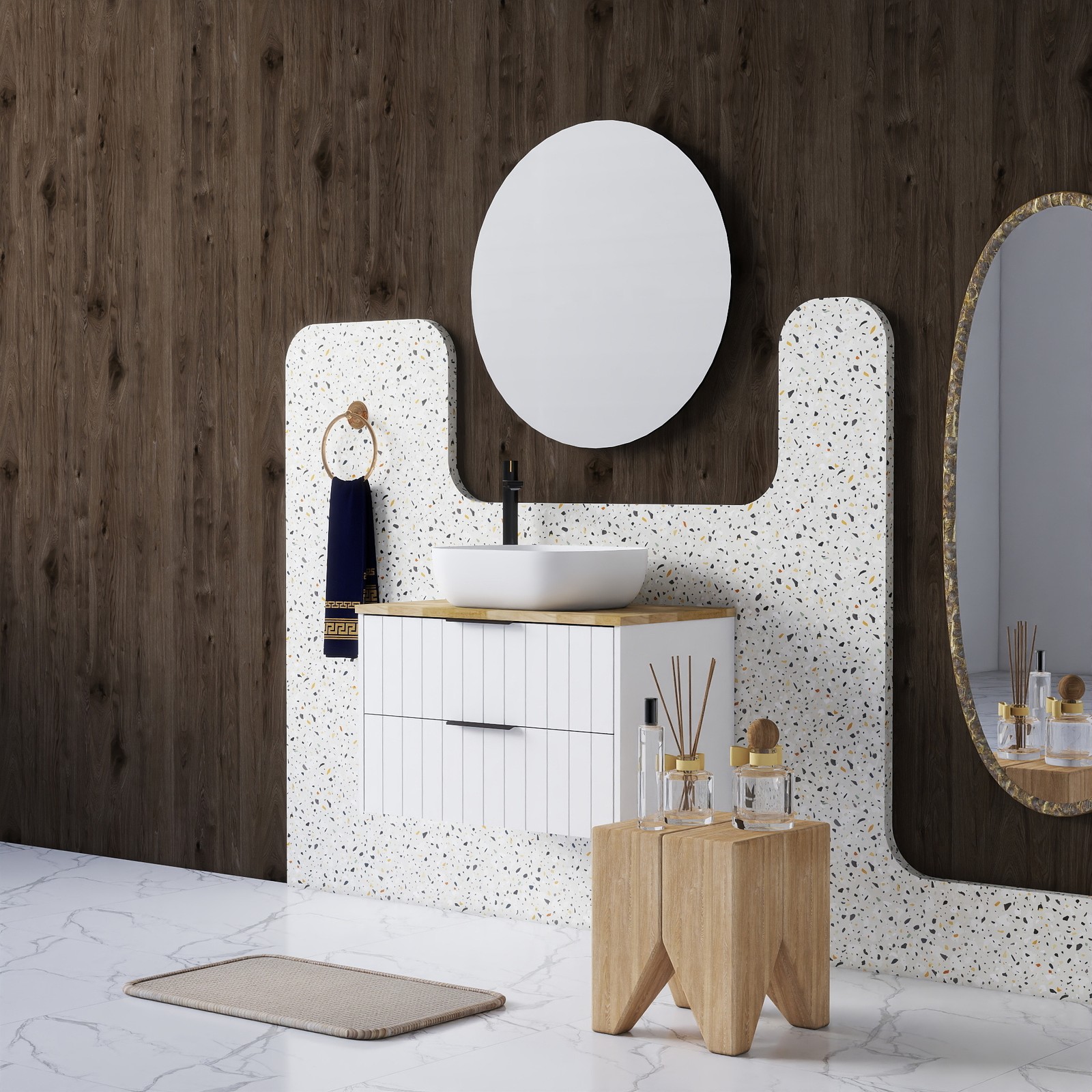 32 Inch Double Drawer Wall Mount Bathroom Vanity White Cabinet Solid Wood Top