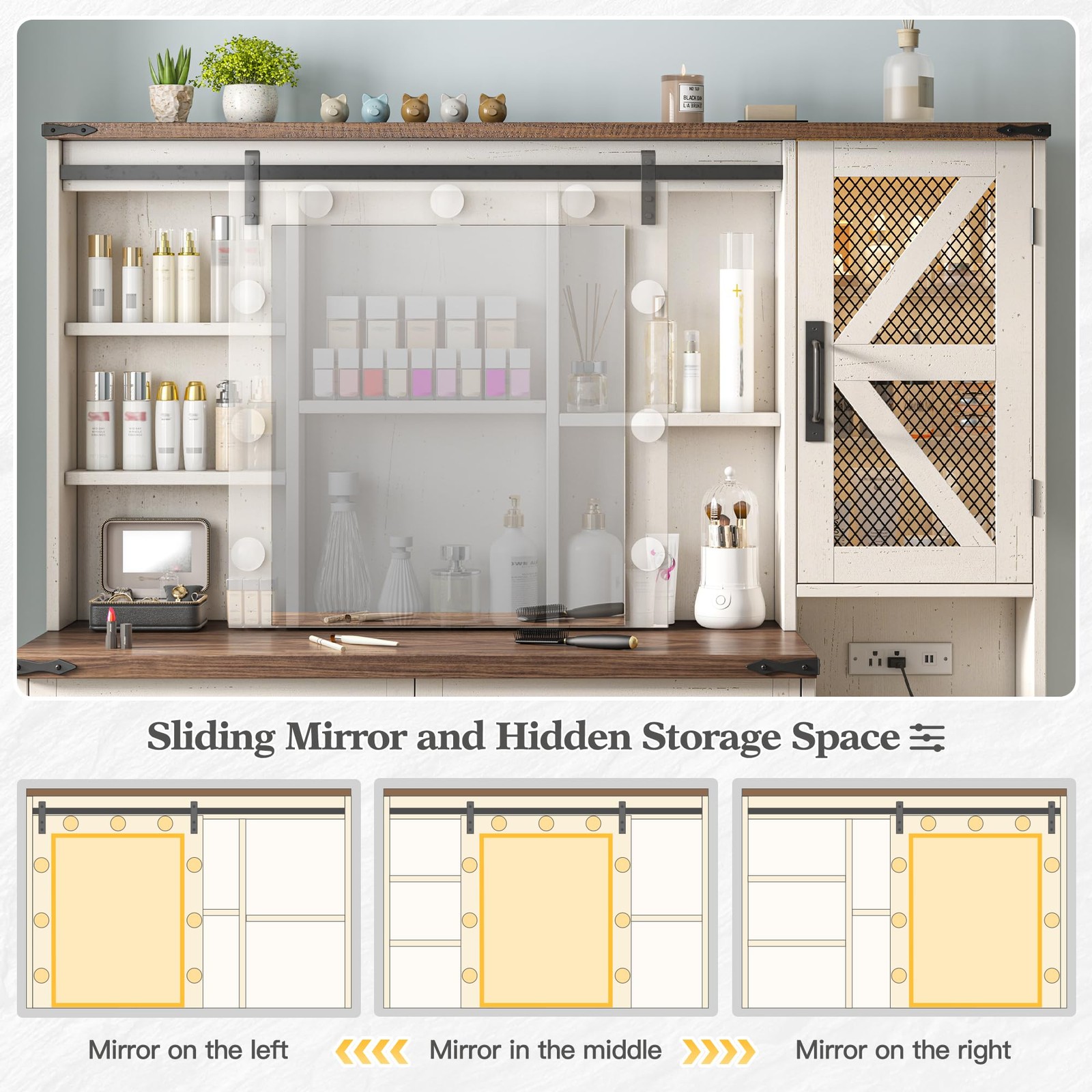 Makeup Vanity Desk Sliding Mirror Lights Antique White 4 Drawers RGB Cabinets