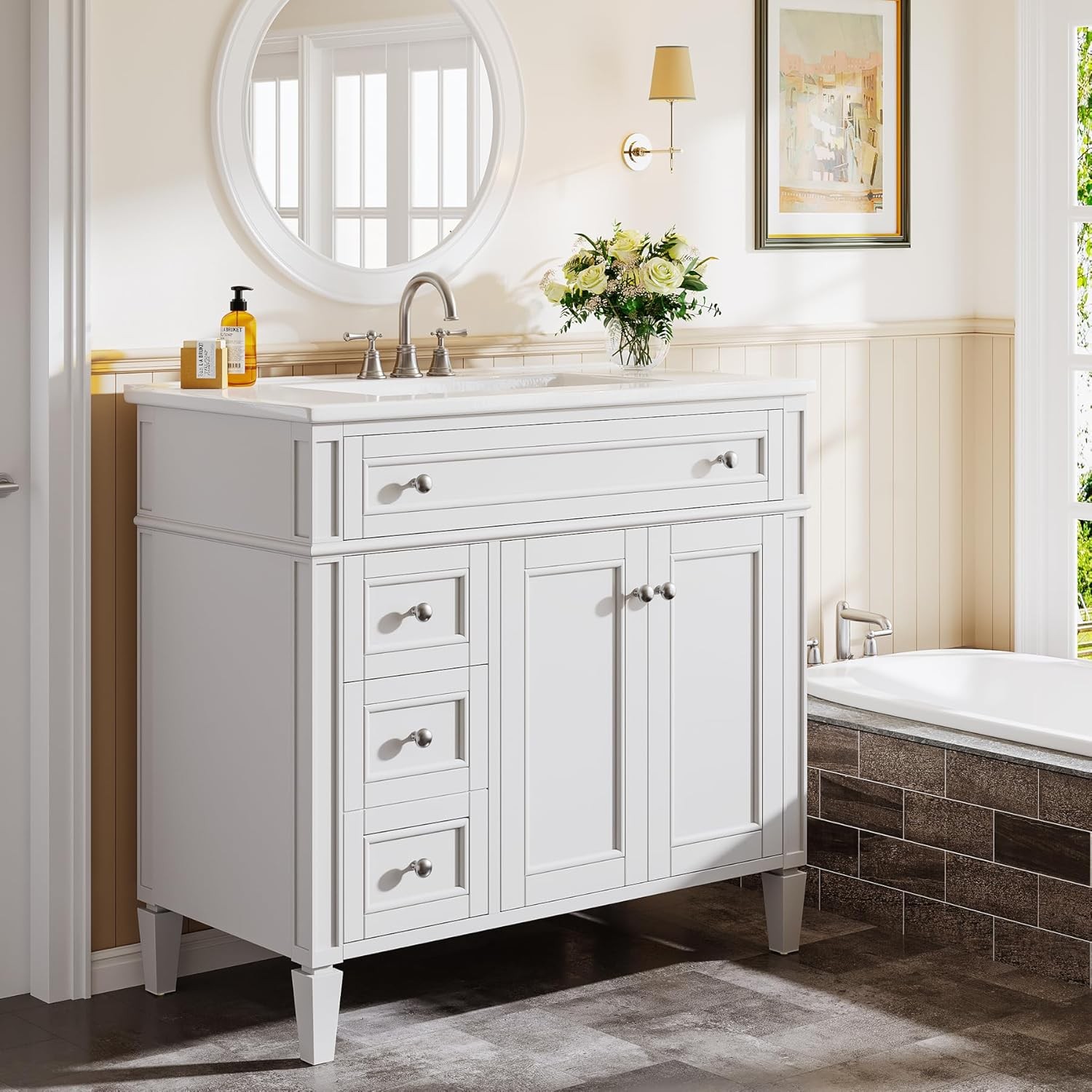 36″ Bathroom Vanity with Sink with 4 Drawers & 2 Doors, Bathroom Sink Cabinet