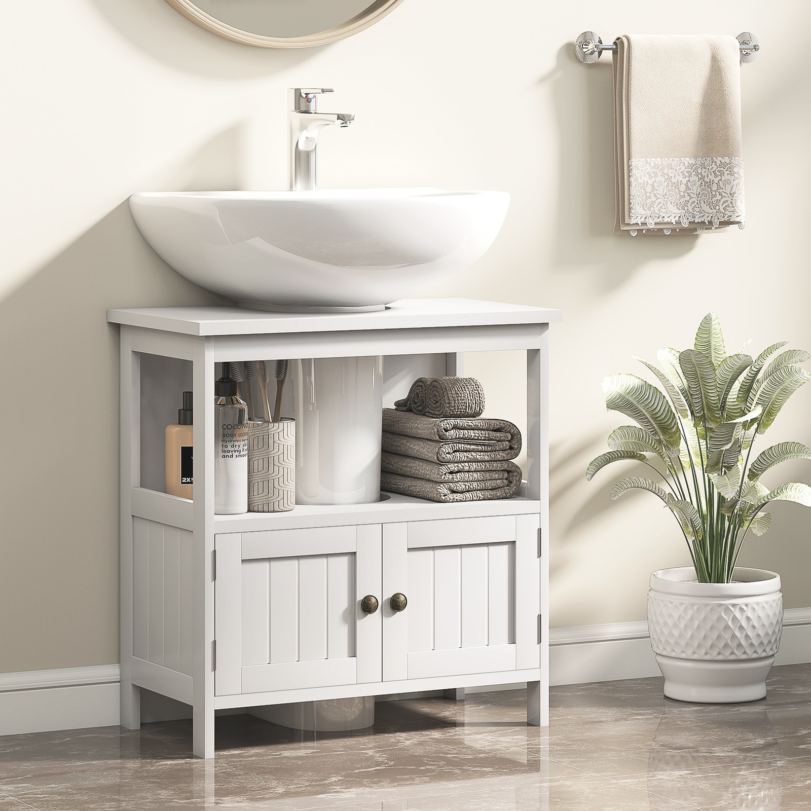 Pedestal Under Sink Cabinet w/ Doors, Storage Organizer, White, Used