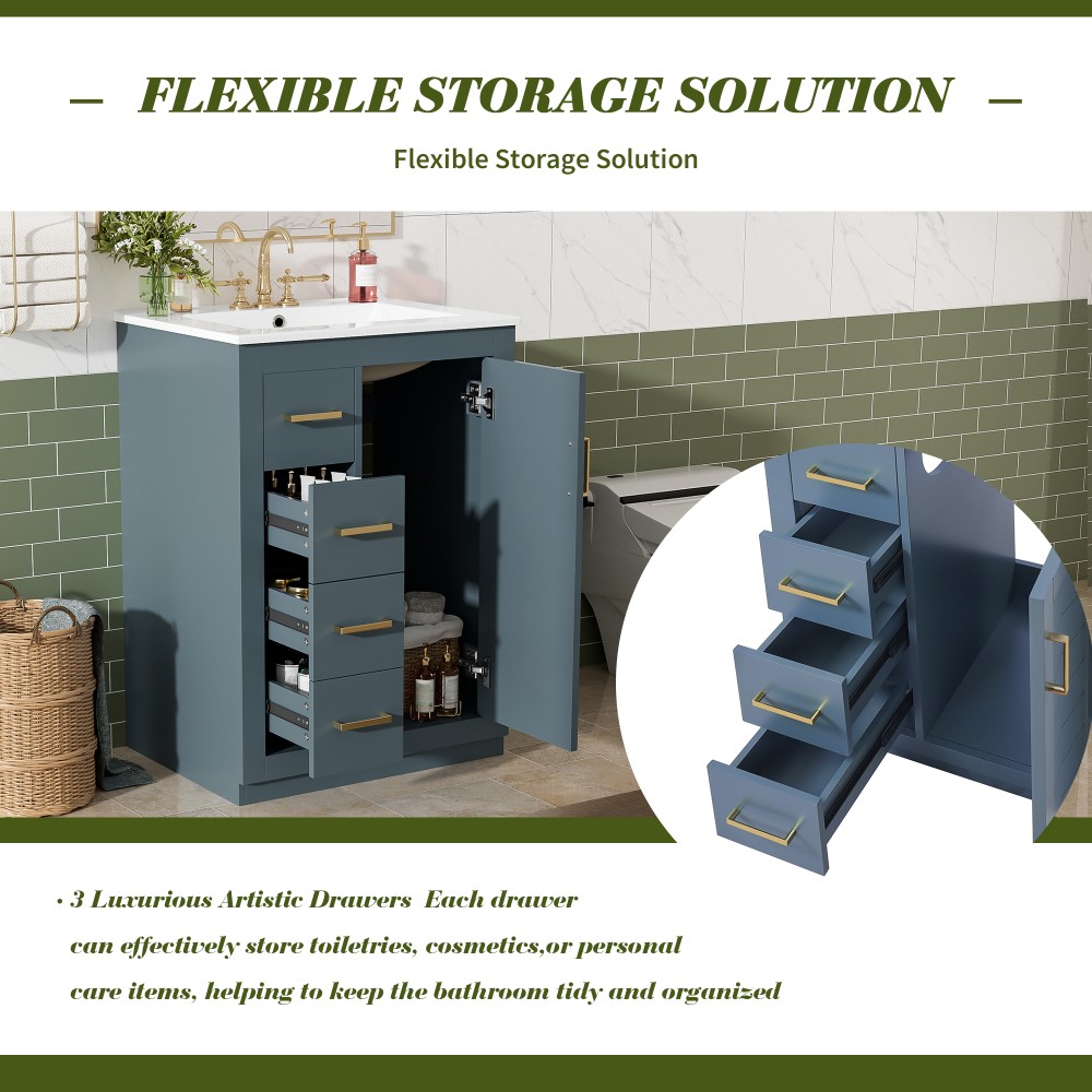 24 Inch Single Sink Bathroom Vanity Ceramic Top Drawers Storage Cabinet