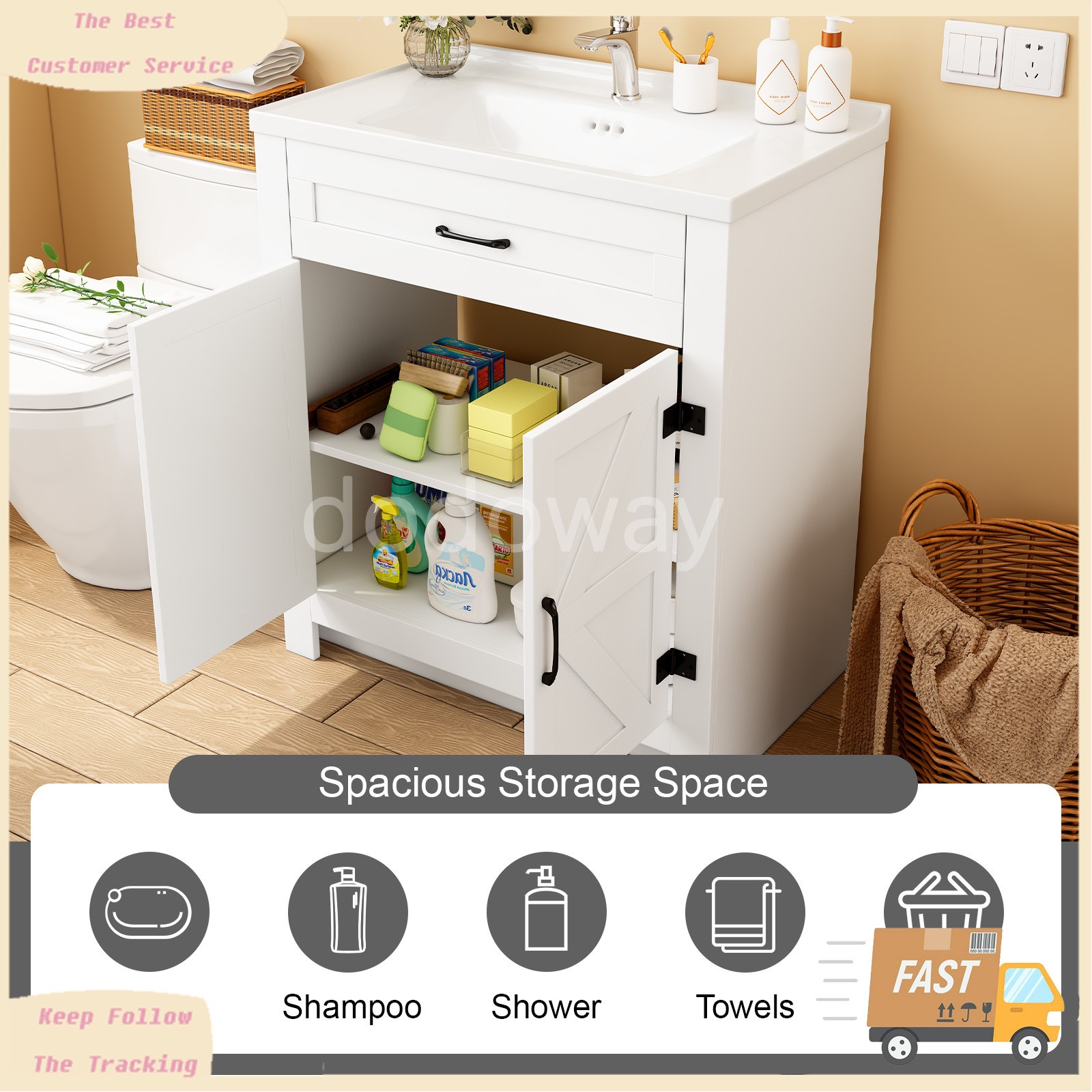 31” Whtie Bathroom Vanity with Ceramic Sink Combo, Abundant Storage Cabine