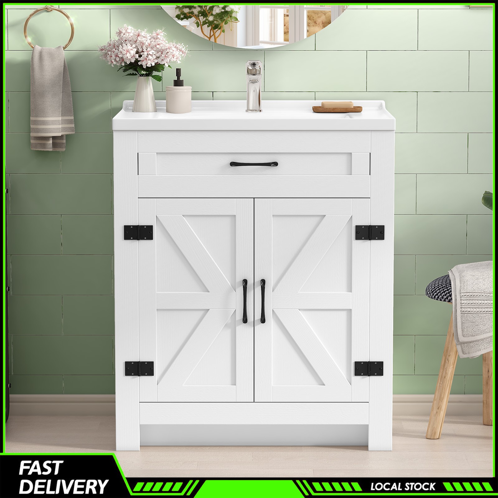 31″ Bathroom Vanity Cabinet with Ceramic Sink Freestanding Storage with Drawer