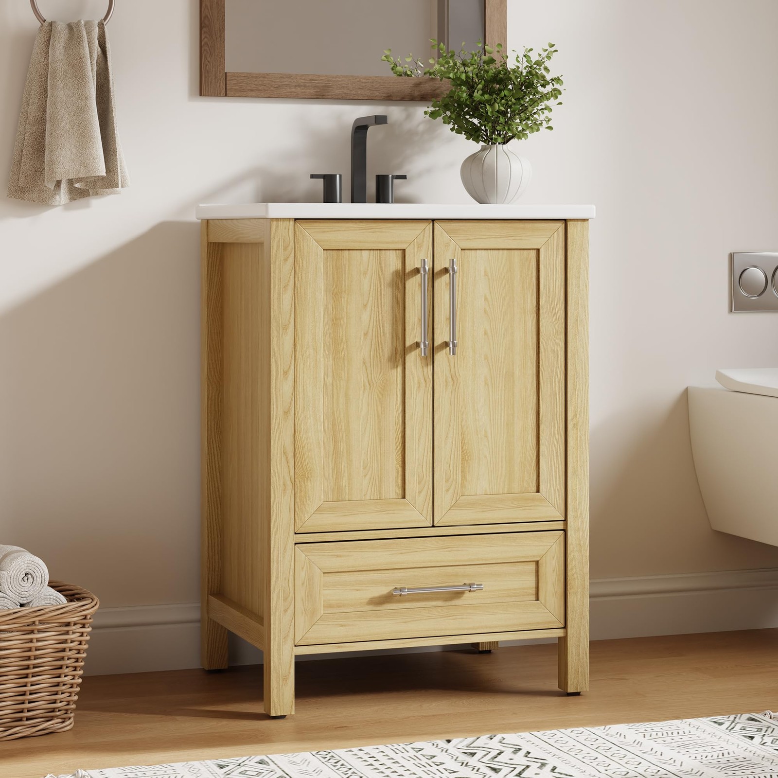 24” Bathroom Vanity Freestanding Storage Cabinet with Ceramic Sink & Drawer