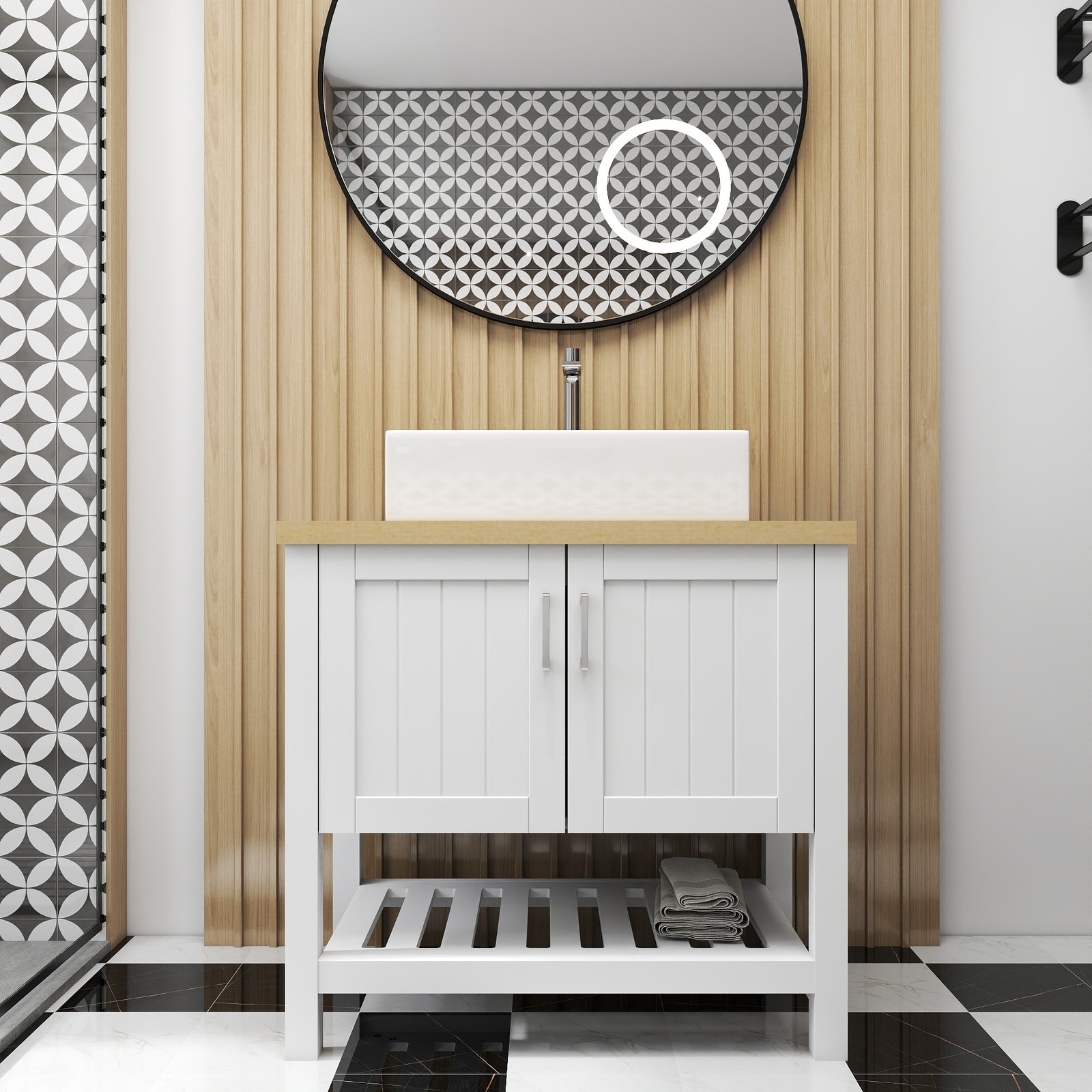 32″ Bathroom Vanity with Sink,Bathroom Vanity Cabinet with Doors and Open Shelf