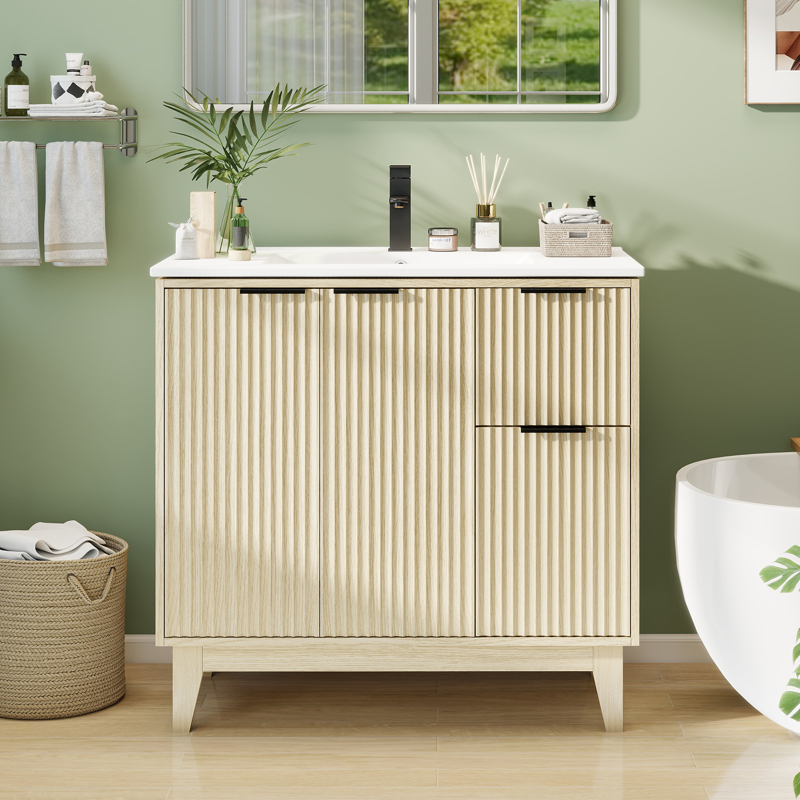 36″ Modern Light Oak Bathroom Vanity with Undermount Sink & Soft-Close Doors
