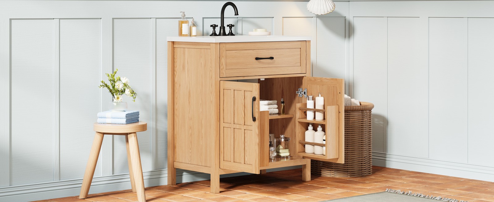 30″ Bathroom Vanity with Resin Sink, Modern Wood Frame Bathroom Sink Cabinet