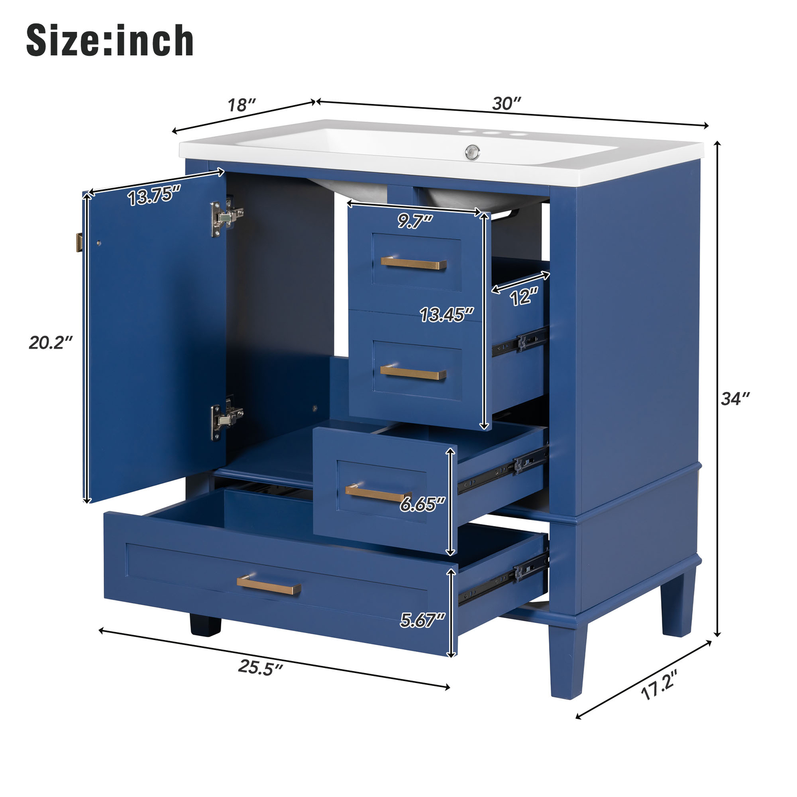 30″ Solid Wood Bathroom Vanity Cabinet with Resin Sink Top, 1 Door and 3 Drawers