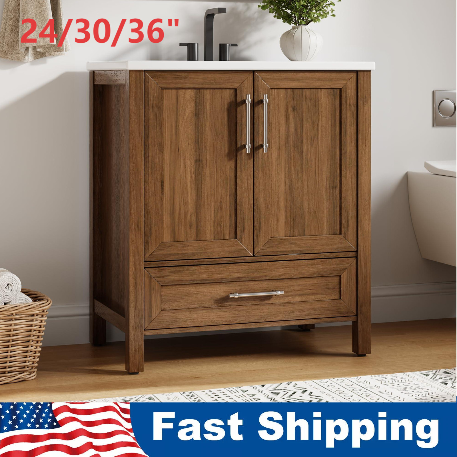 24″ 30″ 36” Bathroom Vanity w3 Sink, Freestanding Bath Cabinet 2 Doors, Drawer