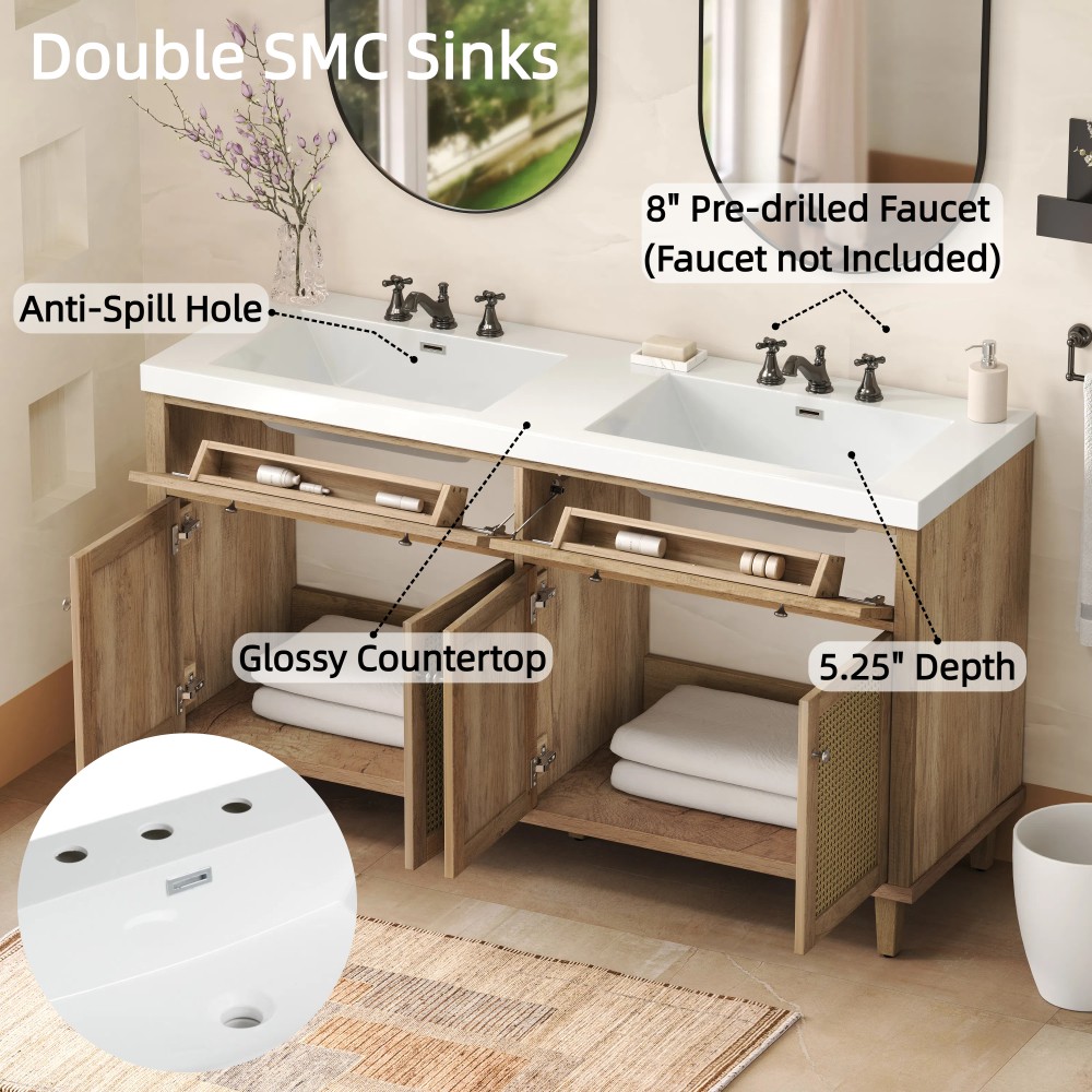 60 Inch Bathroom Vanity with Double Sink ( SMC Sink ), Large Storage Space