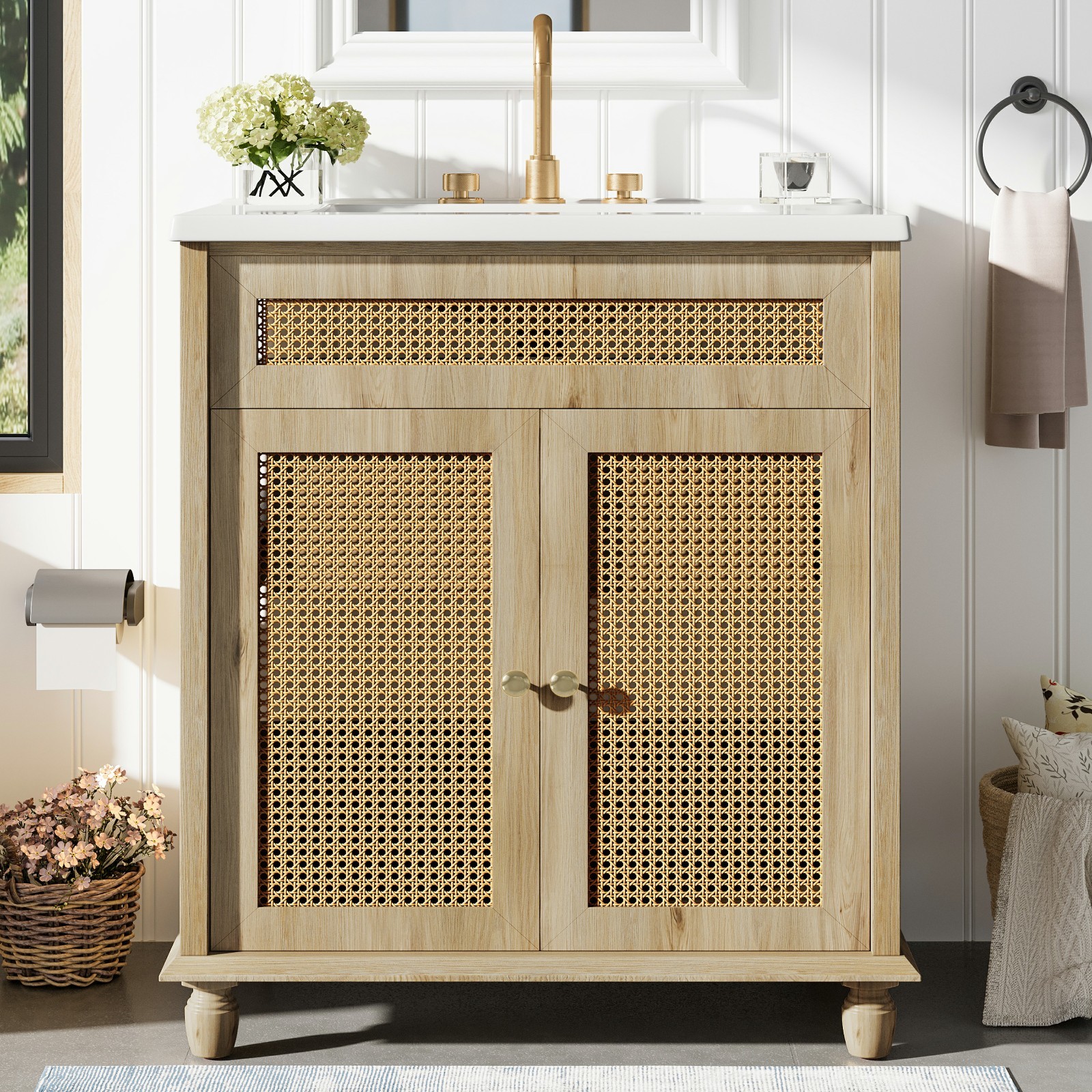 30 In Bathroom Vanity Handwoven Rattan Doors Solid Wood Legs Resin Sink Cabinet