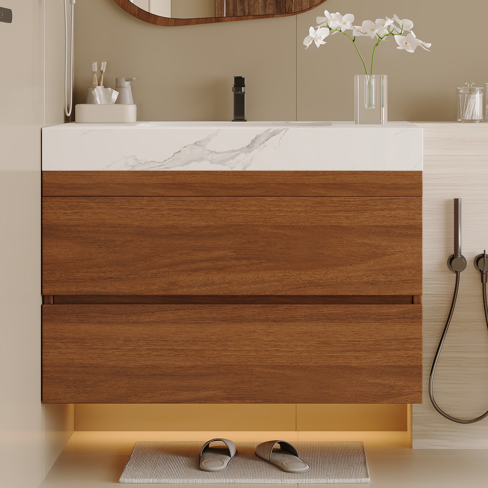 29.9″ Modern Floating Bathroom Vanity Storage Cabinet w/Faux Marble Top & Sink